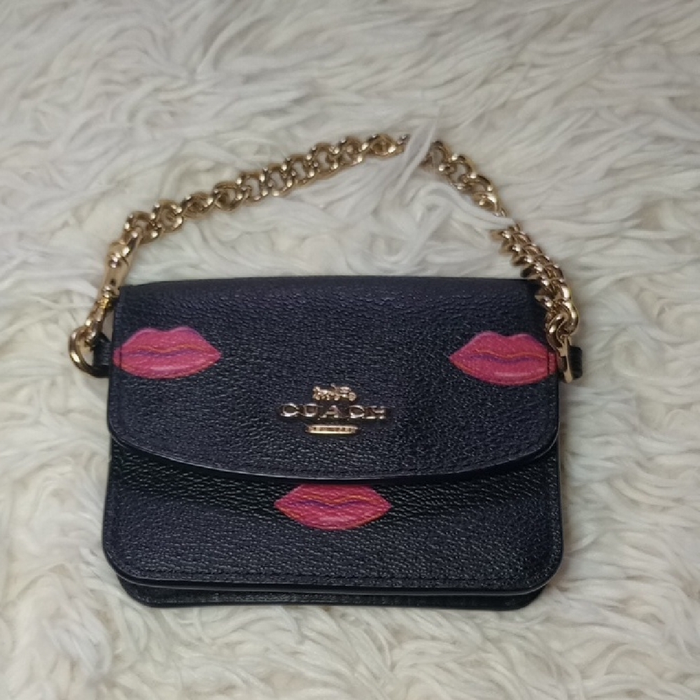 Coach Black Card Holder with Pink Lips